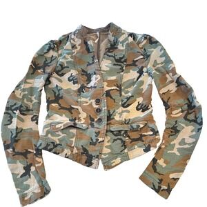 Free People Camo‎ Military Jacket Button Up Cotton Blend Fitted Casual Coat Sz 0